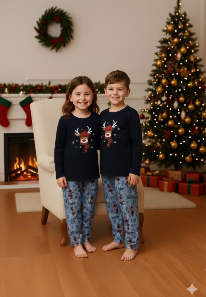 Pijamale de Craciun de copii,cu maneci si pantaloni lungi ,imprimeu ren ,En-gros